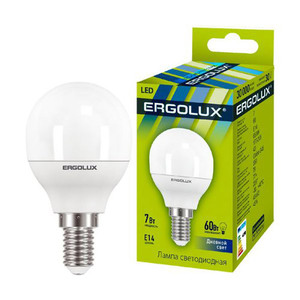 Ergolux шар G45 E14 7W(580lm 220°) 6500K матов. 82x45 пластик/алюм. LED-G45-7W-E14-6K